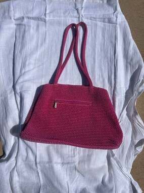 Vintage The Sak Hot Pink Crocheted Shoulder Bag with Exterior Zip Pocket